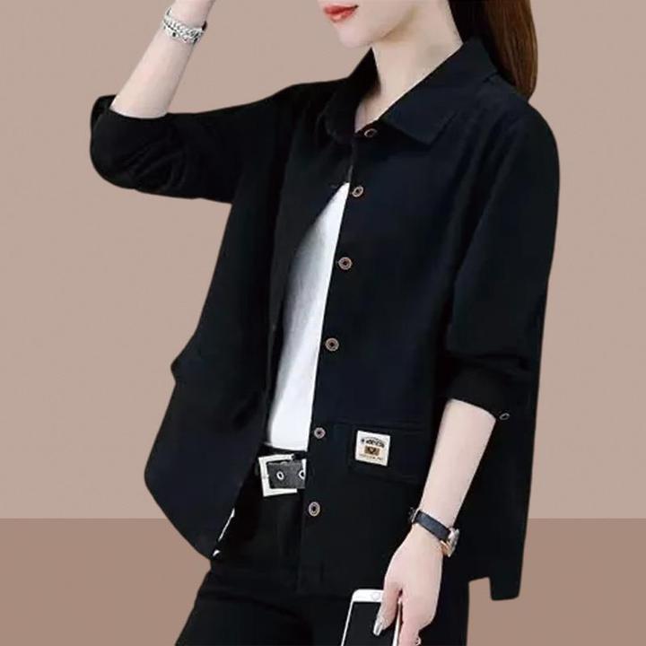 高级感黑色工装衬衫外套女春秋薄款大码胖mm正肩显瘦夹克上衣