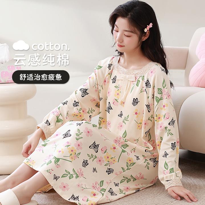 带胸垫睡裙女秋冬季长袖纯棉100%棉宽松大码长款过膝盖全棉睡衣裙