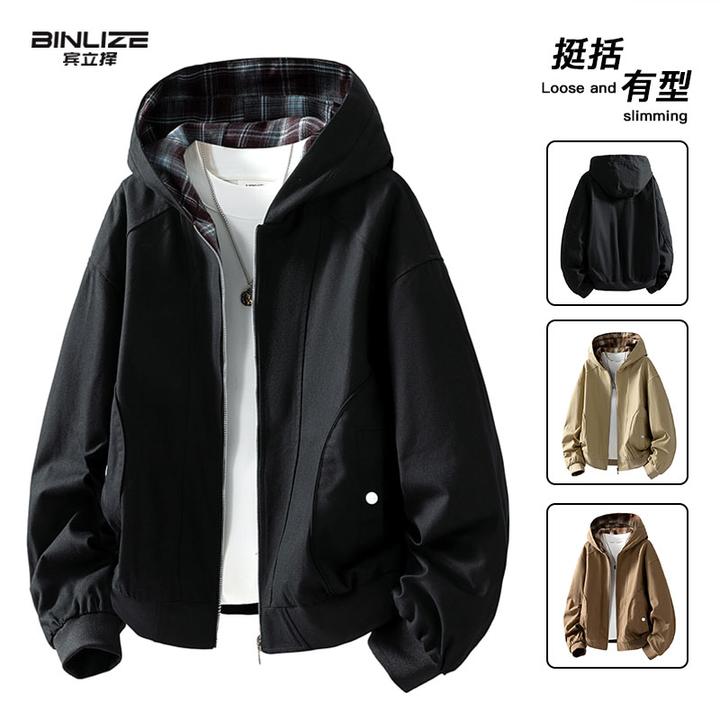 大码港风连帽夹克男生秋冬季新款宽松百搭帅气外套格子休闲上衣潮