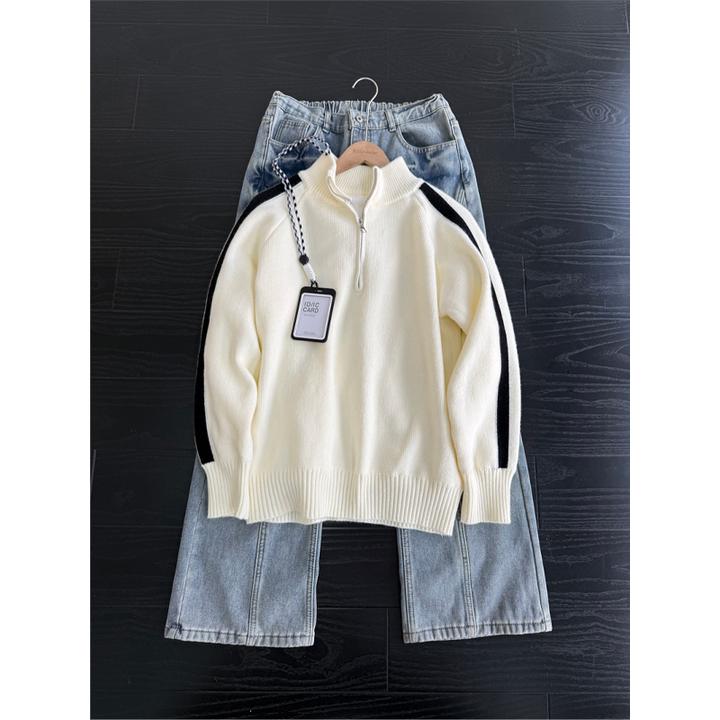 半拉链立领拼接毛衣男女款冬季条纹设计感针织衫加绒加厚情侣外套