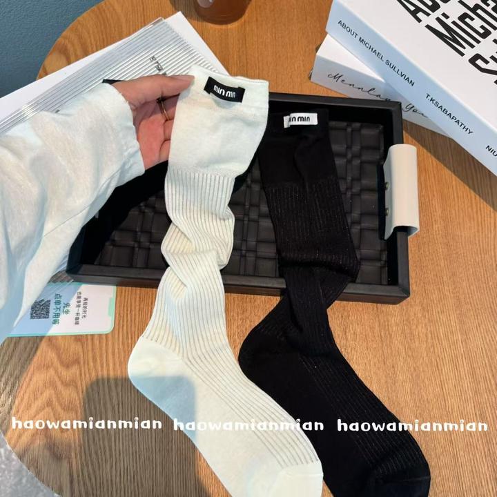 欧货薄透夏季薄款无骨字母布标ins运动个性洋气小腿堆堆袜袜子