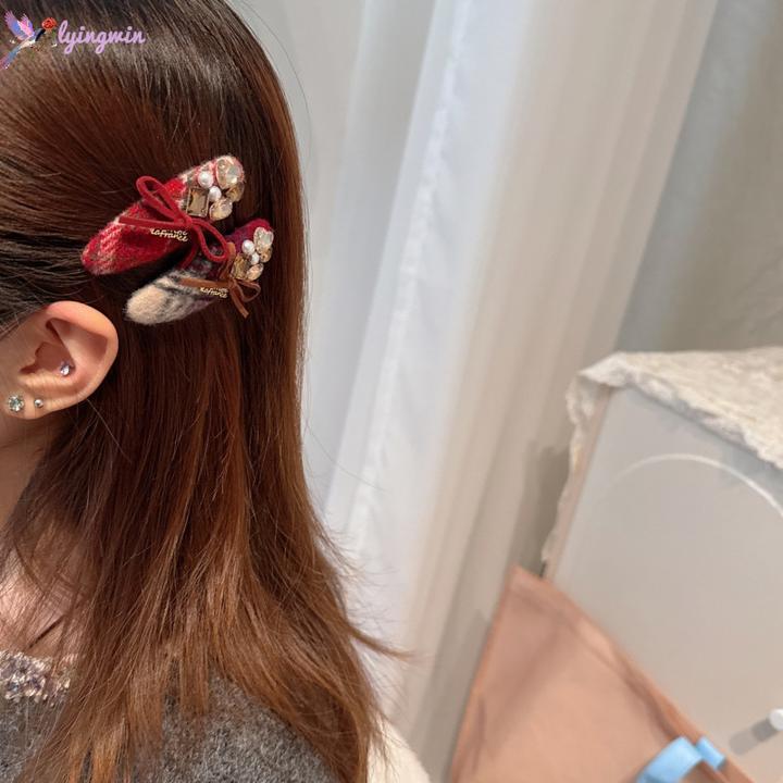 秋冬格纹蝴蝶结水钻bb夹毛呢气质甜美少女刘海碎发夹子侧边夹发饰