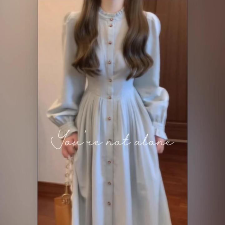 法式蓝色长袖衬衫连衣裙子女早秋季2024年新款温柔风气质收腰长裙