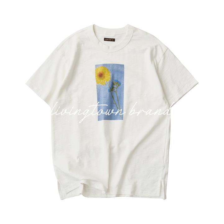 LIVINGTOWN 日系竹节棉小雏菊油画印花休闲纯棉240g宽松百搭短袖