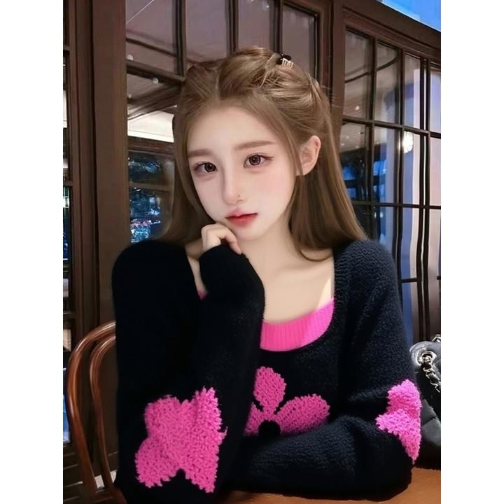 2025新款冬季时尚减龄慵懒高级感黑粉撞色假两件花朵针织毛衣上衣