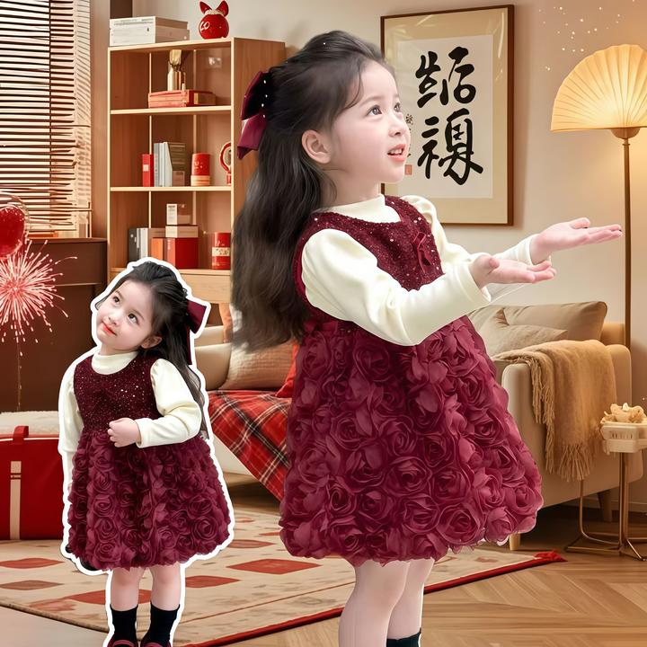 女童新年拜年套装加绒加厚冬装小香风裙子两件套宝宝红色过年衣服
