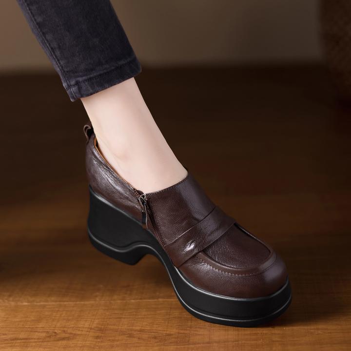 7.5cm小个子久穿不累脚厚底坡跟鞋棕色羊皮深口单鞋通勤小皮鞋女