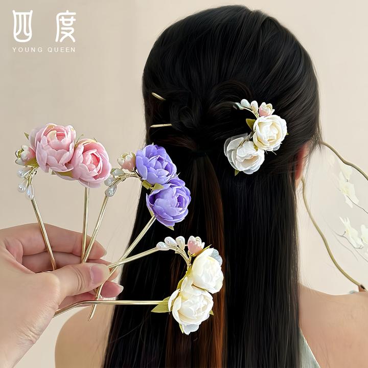 国风温柔白月光蔷薇花朵U型簪子搭配汉服旗袍新中式发簪发饰头饰