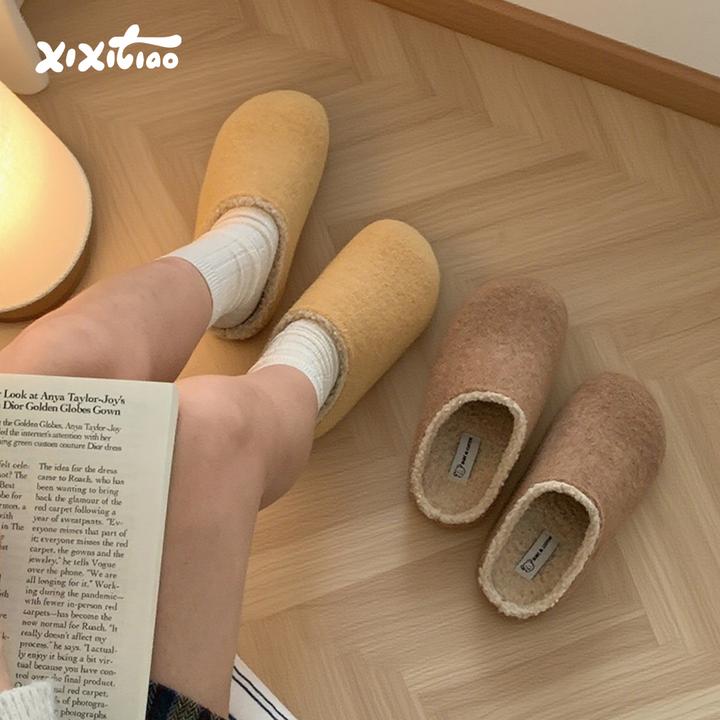 细细条 ins秋冬百搭防滑加绒保暖土豆鞋懒人一脚蹬女鞋勃肯棉拖鞋