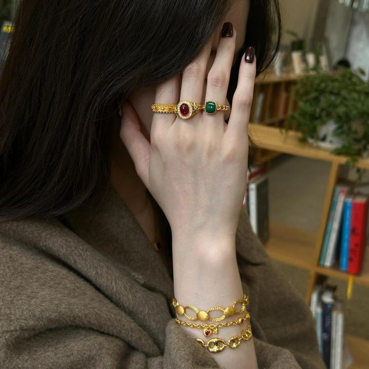 铜合金戒指 金色显富贵红色碧绿色戒指经典气质显气质复古高颜值