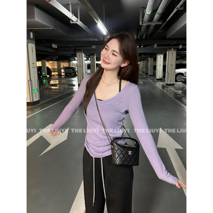 【LIUYI】美女日常~温柔简约天丝羊毛长袖T恤+挂脖美背两件套58211