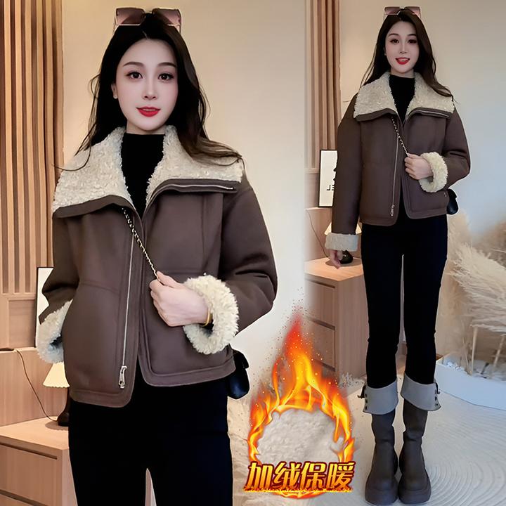 时尚小众皮毛一体短外套女2024年冬季新款高级感别致独特翻领上衣