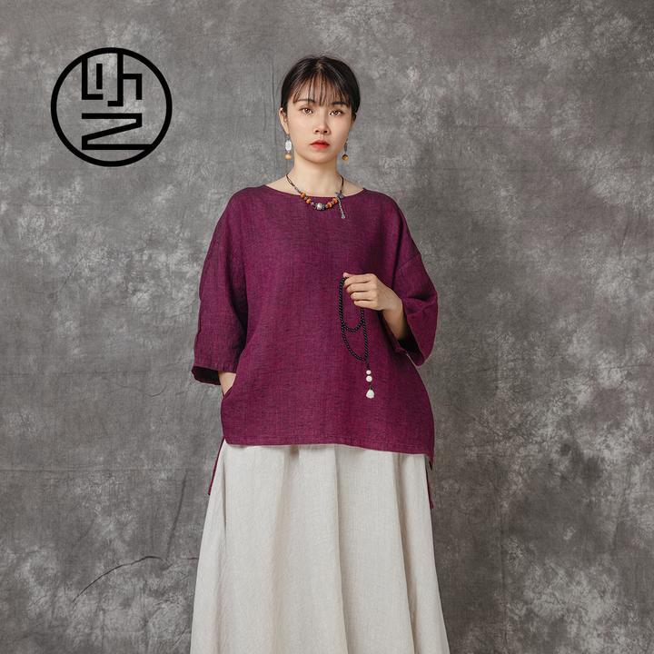 【以之】设计师品牌原创复古大码禅意色织亚麻圆领纯色夏季上衣女