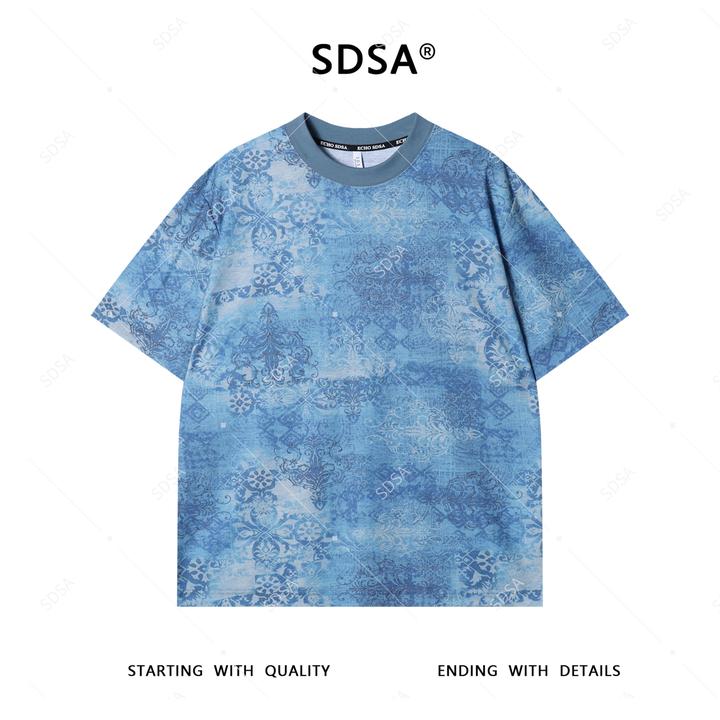 SDSA夏季新款男士痞帅扎染亲肤设计圆领短袖T恤撞色百搭宽松上衣