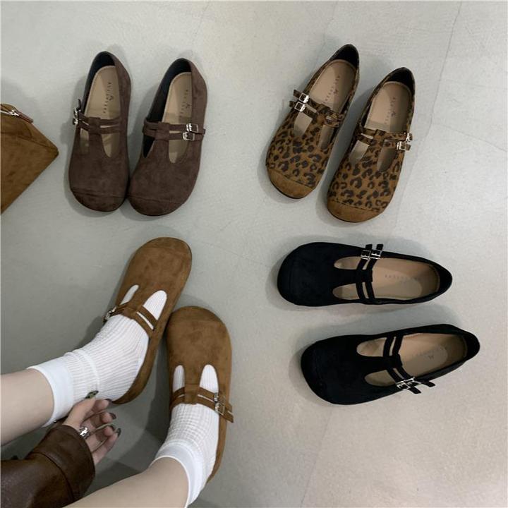 森系复古玛丽珍鞋丁字型豹纹绒面软底单鞋平底圆头舒适百搭豆豆鞋