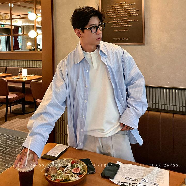 OXFREAK 「高智感 通勤风」奶蓝色条纹长袖衬衫男高级感宽松衬衣