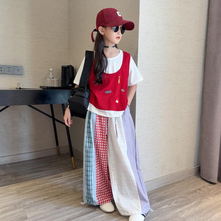 女童夏季假两件短袖套装2025新款儿童洋气时髦彩色阔腿裤两件套潮
