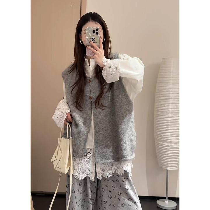 女装春秋蕾丝小香风长袖白色衬衫设计感气质百搭针织马甲阔腿裤子