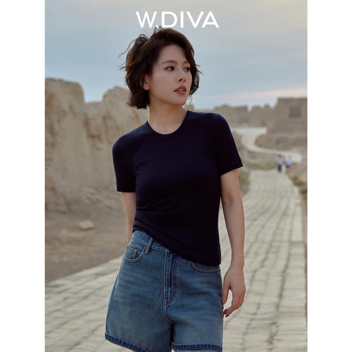 W.Diva【简醇】日本高端纯羊毛显瘦圆领短袖T恤慵懒风女装53T182458