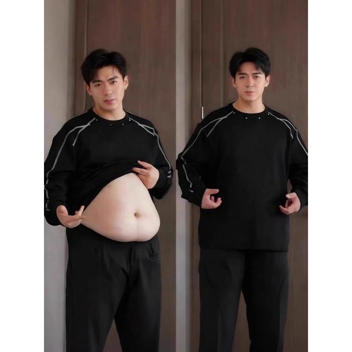 黑色美式重磅圆领卫衣男款加绒微胖穿搭长袖t恤秋季显瘦打底小衫