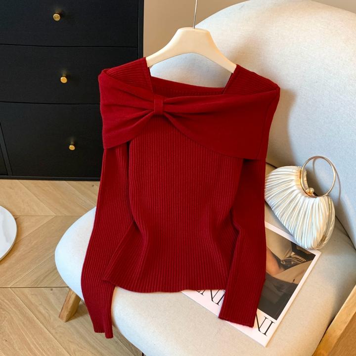 方领蝴蝶结针织衫女秋冬法式气质露肩修身显瘦百搭长袖上衣荷叶边