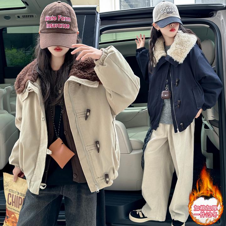 [专柜品质]女童外套2025新款秋冬大童女孩牛角扣毛领加厚休闲外套