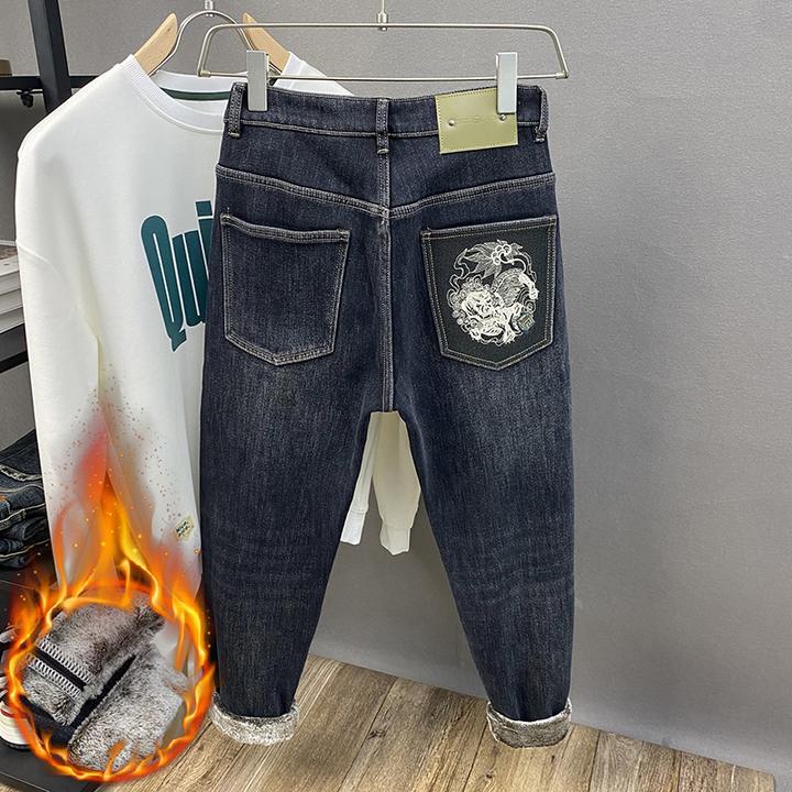 PinkAvril冬款男加绒牛仔裤潮牌痞帅刺绣加厚保暖超火弹力小脚裤