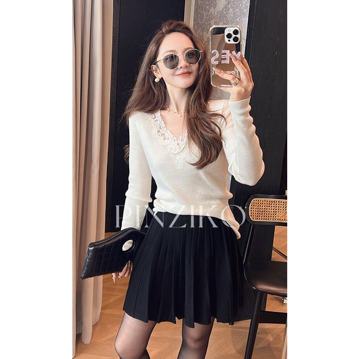 pinziko费洛蒙~羊绒羊毛V领蕾丝针织衫小香风显瘦长袖上衣TJF265