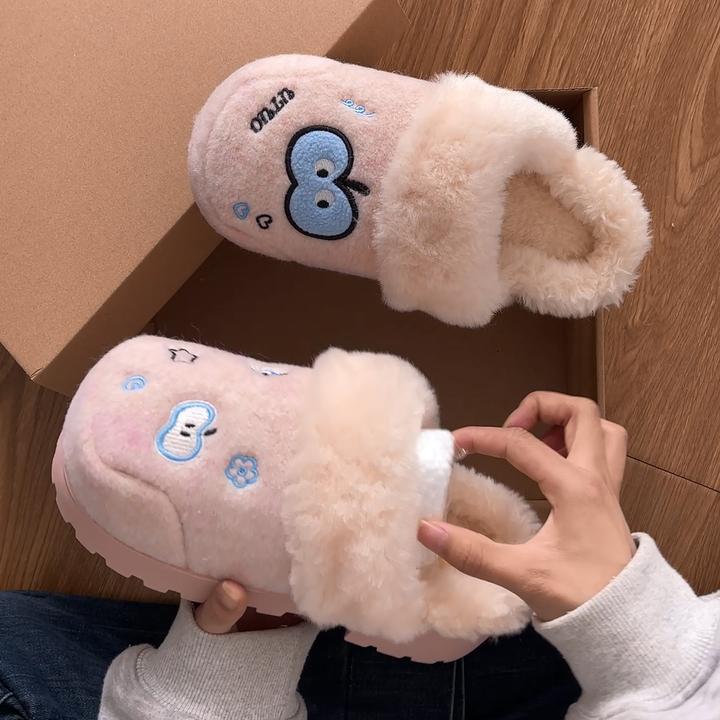 可爱刺绣甜美厚底毛毛拖鞋女外穿2025新款秋冬季百搭加绒保暖棉拖