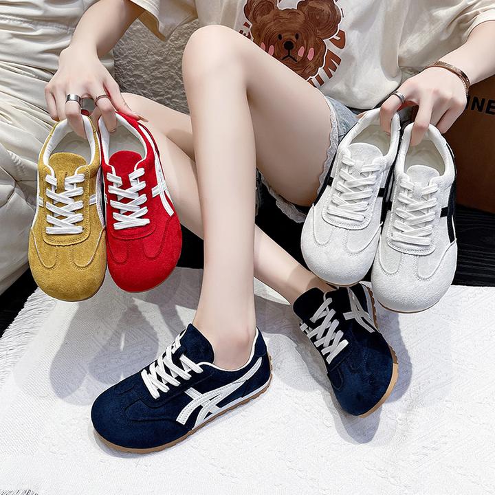 黄色德训鞋女2025秋季新款休闲运动鞋系带平底板鞋软底跑步阿甘鞋