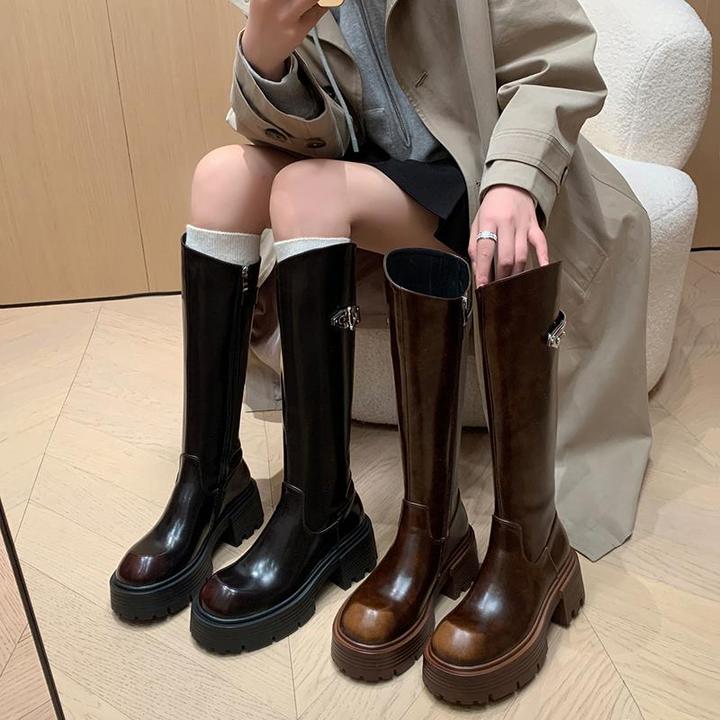 6CM厚底金属扣斜口骑士靴圆头粗跟长靴四季可穿松糕底高筒靴百搭