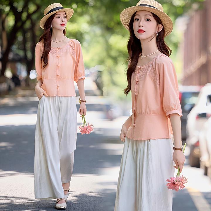 夏季新款时尚奢华气质盘扣套装风宽松棉麻阔腿裤两件套