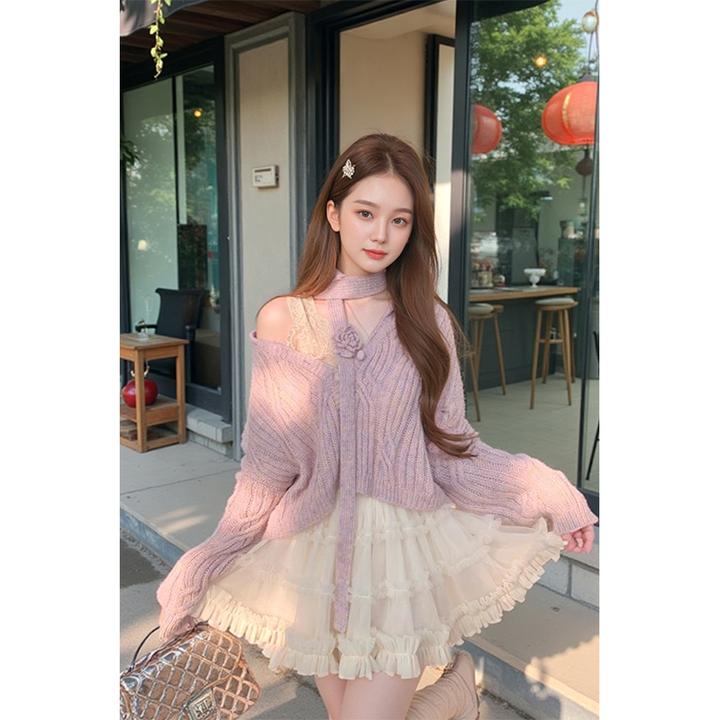 韩系早春穿搭秋冬套装毛衣小众露肩设计洋气高腰显瘦半身针织短裙