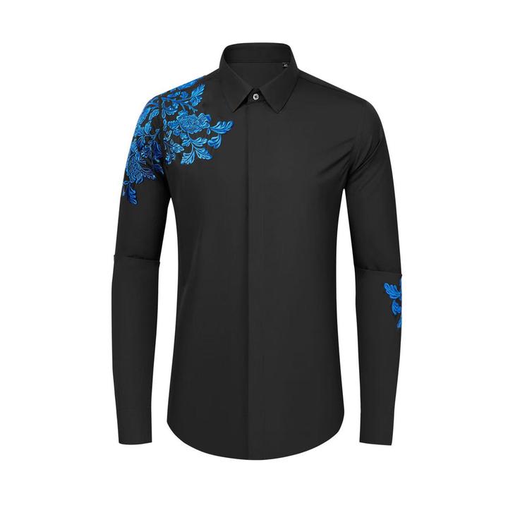 刺绣衬衫男长袖2026新款爆款隐形扣府绸精梳棉黑衬衣高档休闲寸衫
