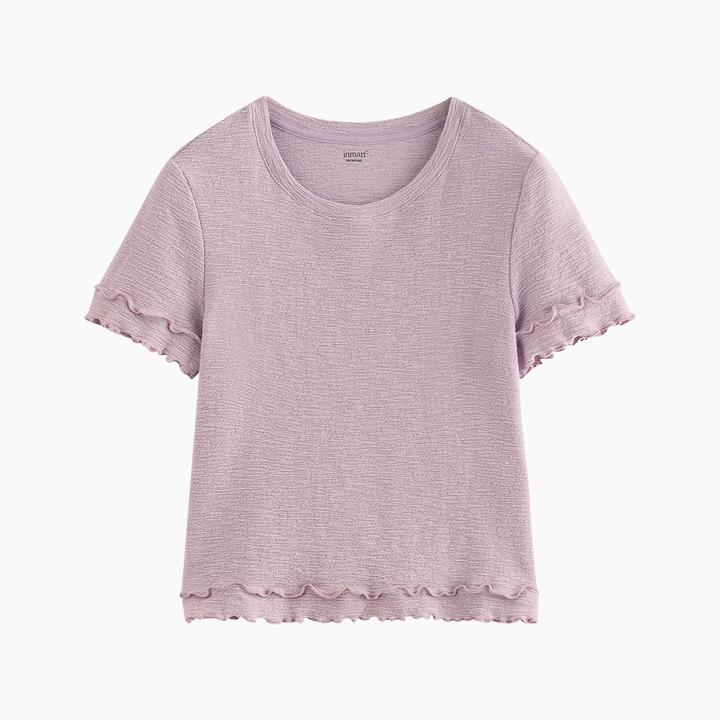 极简风木耳边短袖T恤女2025夏季新款修身显瘦舒适正肩上衣