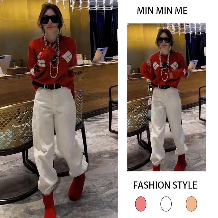 2025秋冬季新款设计感小香风圆领针织上衣女搭配休闲直筒裤两件套