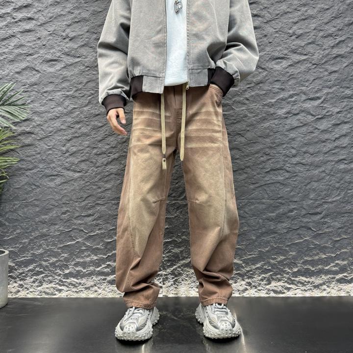 弯刀纯色褶皱简约2025新款男士宽松阔腿时男士美春秋男士宽松阔腿