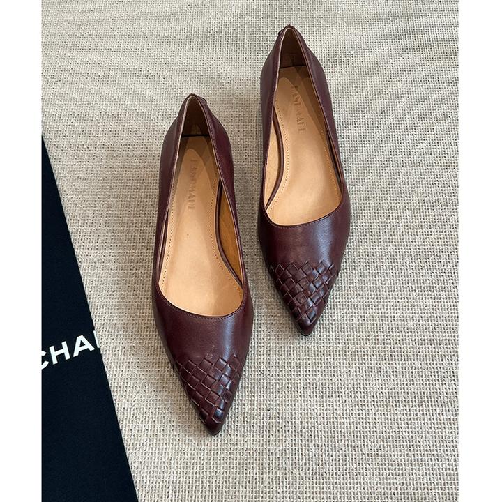 羊皮断码清仓法式尖头编织单鞋女2025秋季新款粗跟时尚平底工作鞋