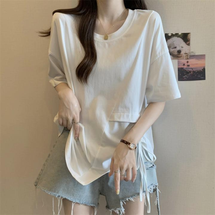 胖MM短袖T恤女夏季大码百搭不规则抽绳设计感宽松藏肉遮肚子上衣