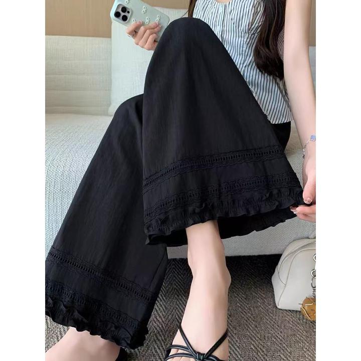 木耳花边阔腿裤女2025夏天新款高腰梨型身材小个子宽松休闲九分裤