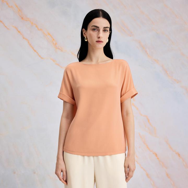 寺山文也 思静/23MM真丝弹力重绉简约百搭翻边船领薄短袖T恤女夏