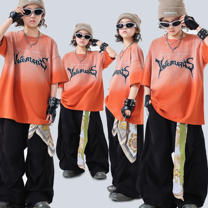 儿童嘻哈街舞服男女孩宽松T恤套装hiphop舞蹈练功服架子鼓演出服