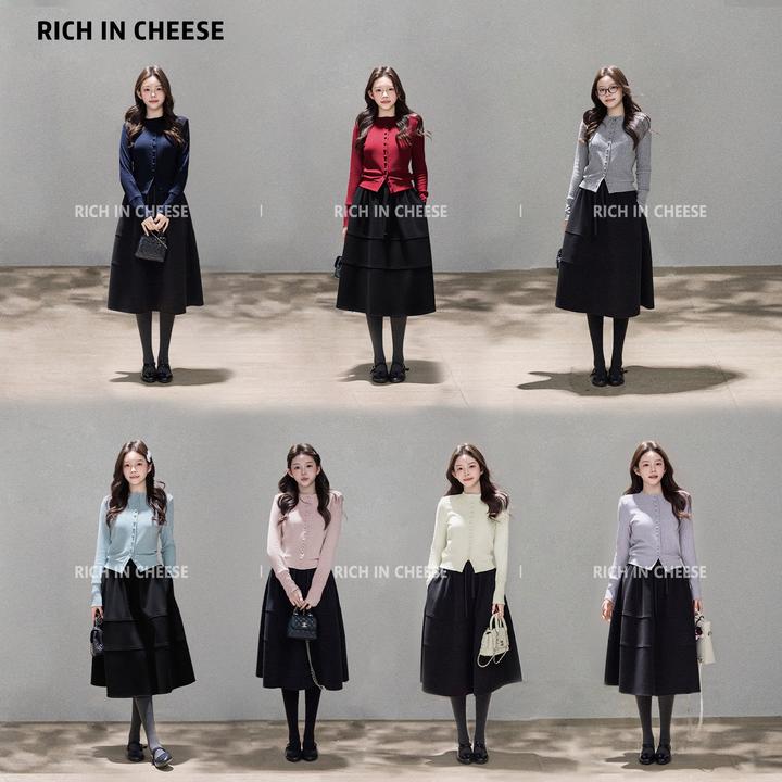 金川川 韩女法则【少量现货】 秋冬纽扣针织开衫抽绳加厚花苞裙套装