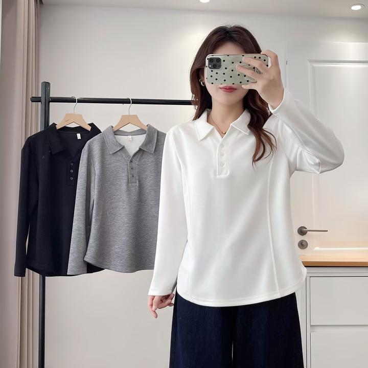 大码女装POLO打底正肩长袖T恤洋气外穿秋季新款显瘦鱼骨打底上衣