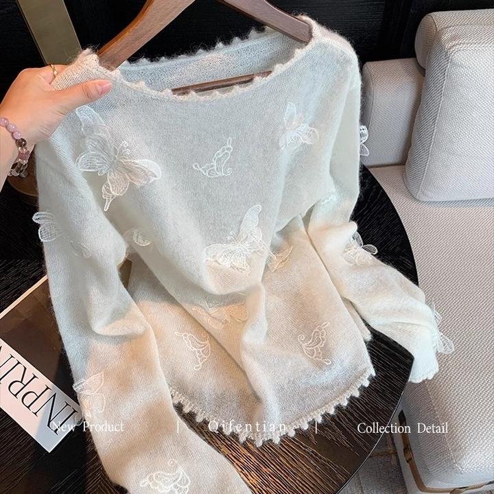 法式白色慵懒风立体蝴蝶刺绣毛衣女秋季新款气质温柔软糯针织上衣