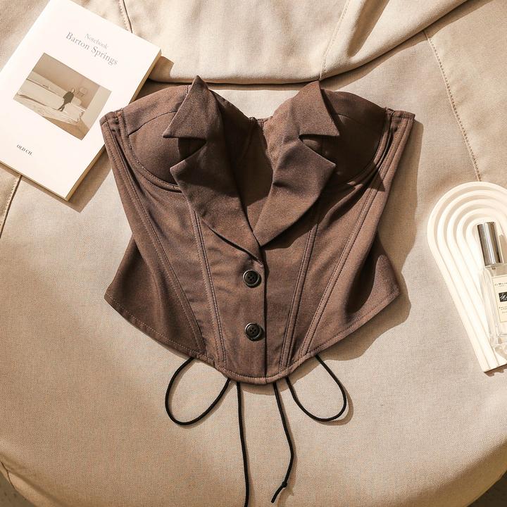 辣妹鱼骨翻领抹胸吊带背心女高级感带胸垫修身收腰打底美背小上衣