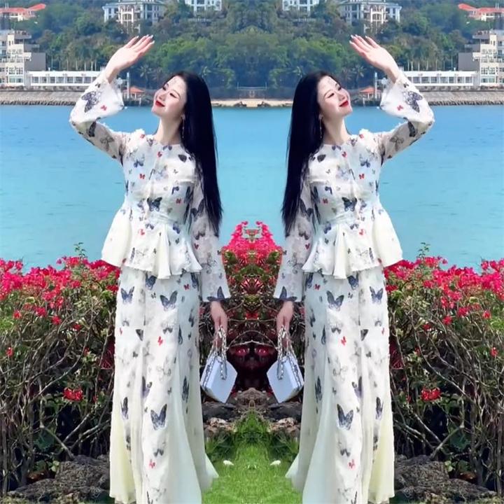 格润雅夏季新款时尚长袖上衣半身裙套装两件套洋气设计感裙子