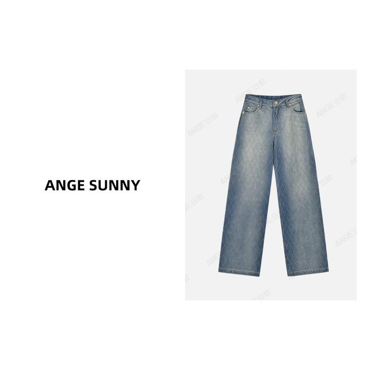 ANGE SUNNY【海清同款 巴曼菱格牛仔裤】网格水洗金扣做旧阔腿裤