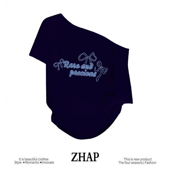 【ZHAP】新款斜肩宽松短袖t恤女藏青色通勤百搭港风简约厚实高街显