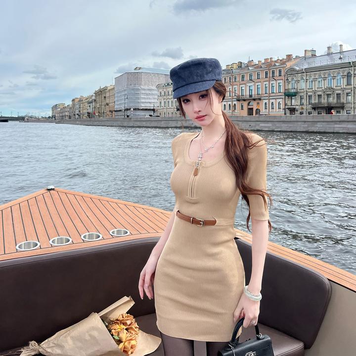 【都市标配】名媛风针织修身气质连衣裙腰带收腰设计高级感包臀裙